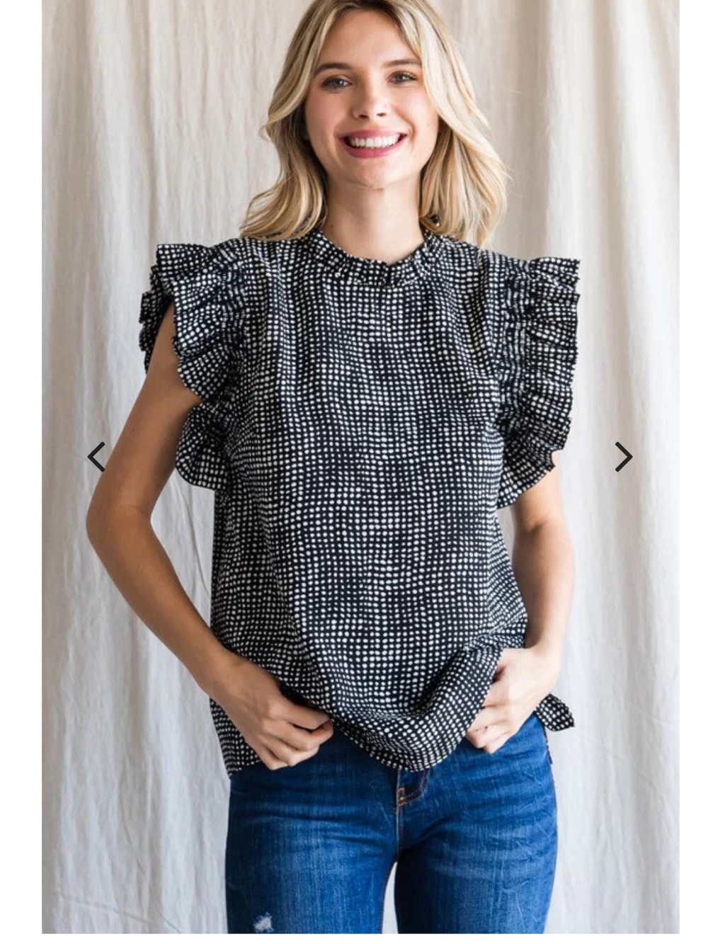 JODIFL Black and White Dot Ruffle Sleeve Blouse